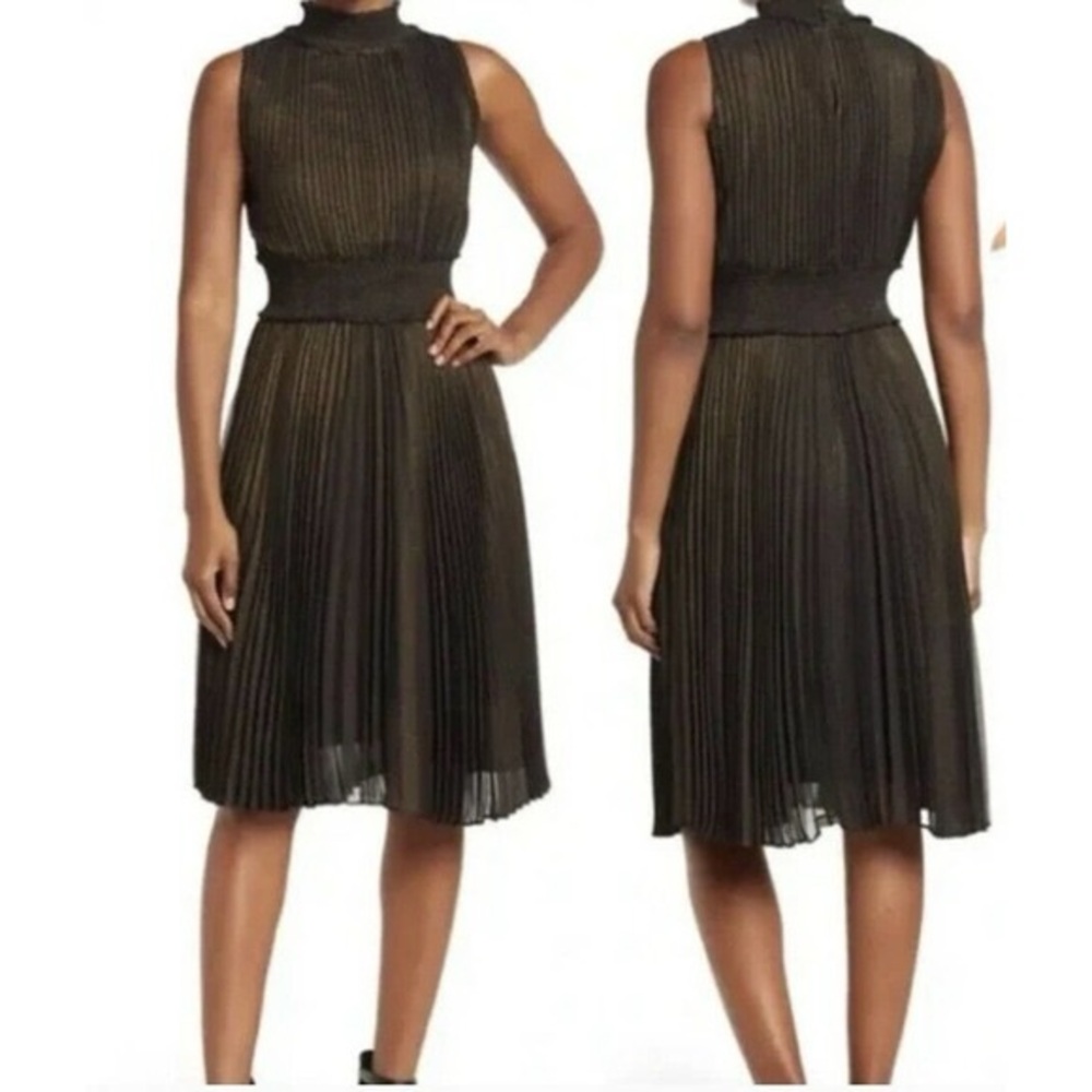 Pleated Sleeveless Black & Gold Sheen Midi Dress | Nanette Lepore